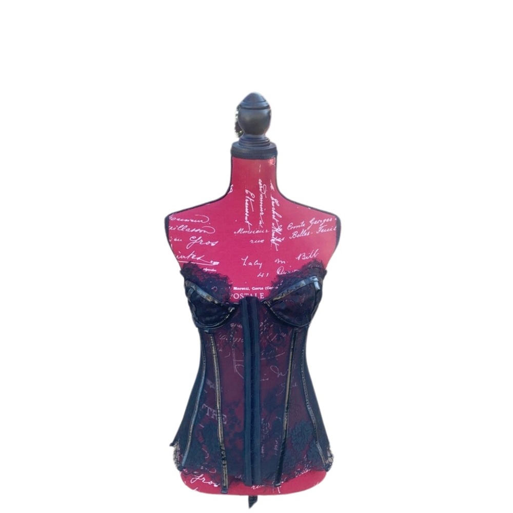 intricate lace pattern detail over sheer illusion corset bodice
